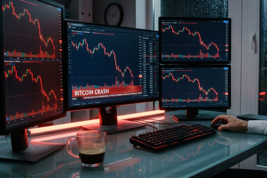Gráficos de velas vermelhos em monitores indicam queda no mercado de criptomoedas em 2026