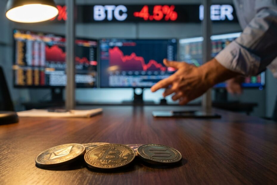 Moedas físicas de Bitcoin e outras criptomoedas sobre mesa com gráficos de mercado em queda ao fundo