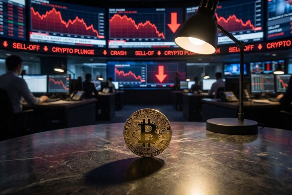 Gráficos do mercado financeiro em queda com moeda bitcoin em destaque