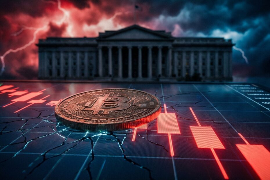 Gráfico financeiro exibindo queda acentuada com moeda Bitcoin em destaque e tons de alerta vermelho.