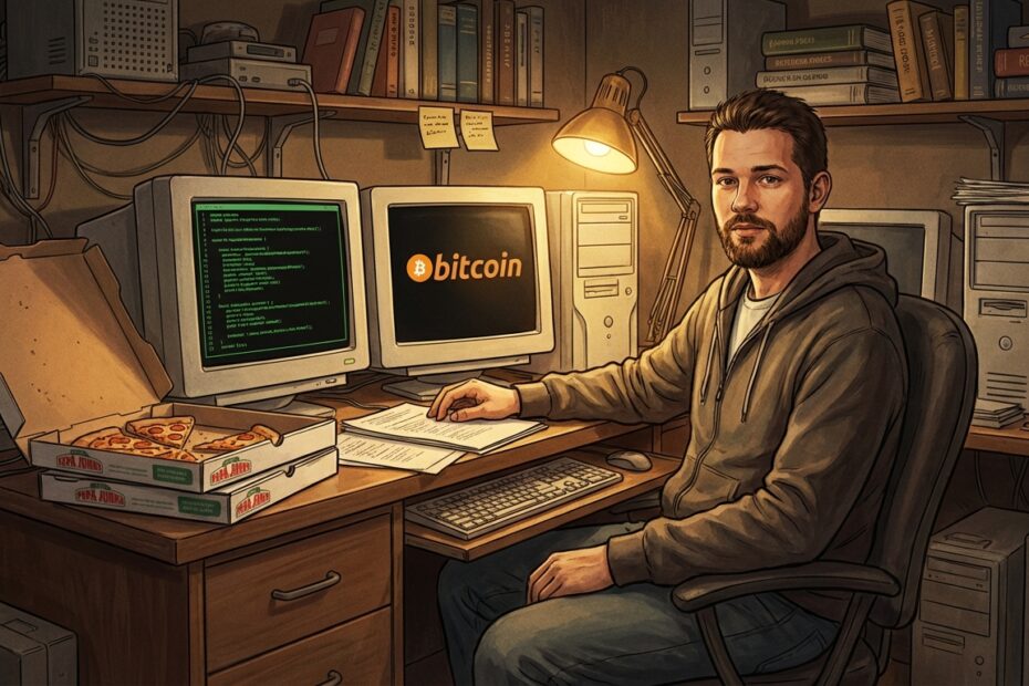 Laszlo Hanyecz com as famosas pizzas compradas com 10 mil bitcoins em 2010