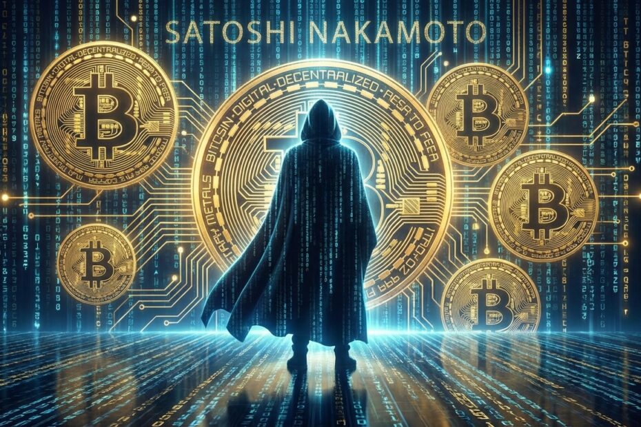 Ilustração simbólica da silhueta misteriosa de Satoshi Nakamoto com códigos de Bitcoin ao fundo