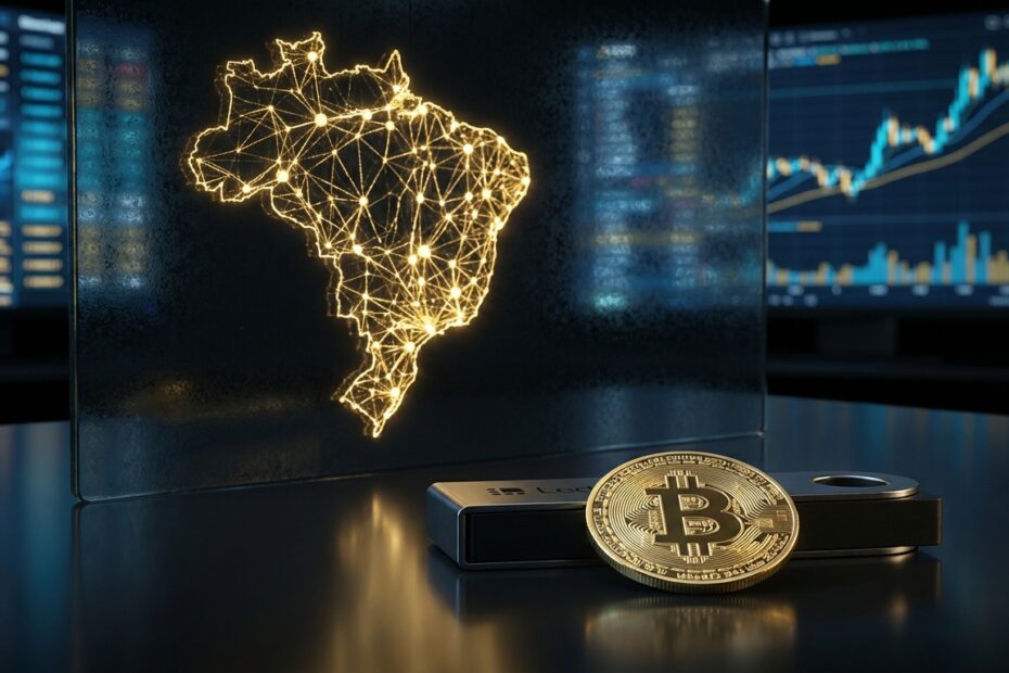 Mapa digital do Brasil com conexões de Bitcoin e carteira de criptomoedas