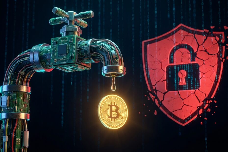 Ilustração de uma torneira digital pingando uma fração de bitcoin com alerta de segurança