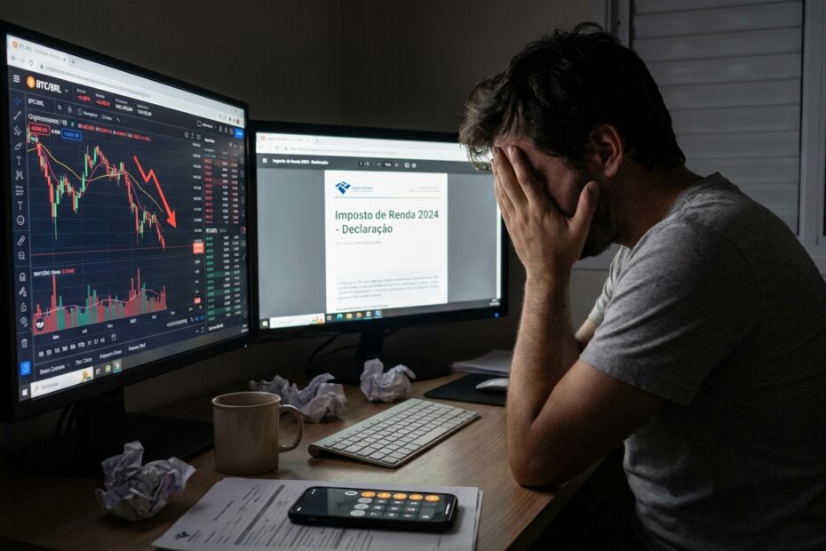 Investidor analisa documentos fiscais e gráficos de criptomoedas no computador