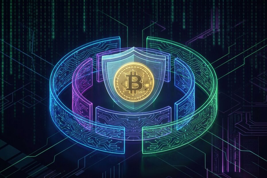 Ilustração digital representando a privacidade e o anonimato na rede Bitcoin com escudos de criptografia