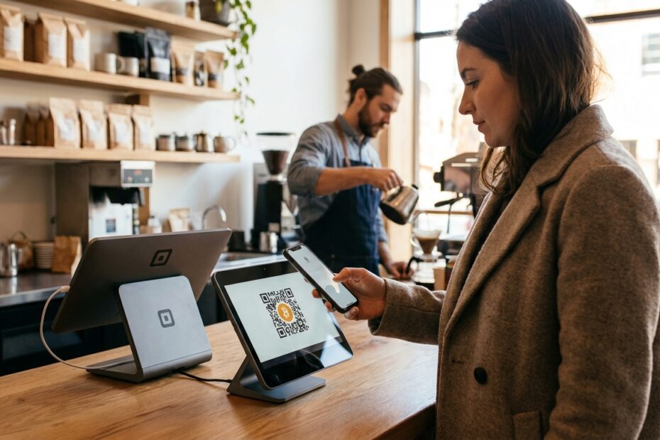 Cliente escaneando QR Code para pagamento em Bitcoin no balcão de uma loja