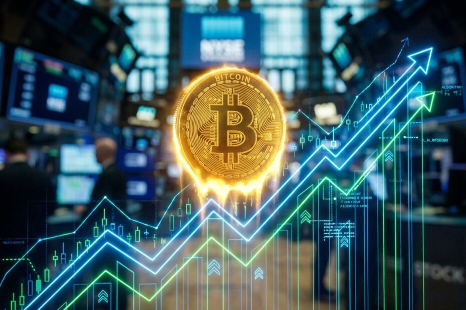 Representação digital da recuperação do Bitcoin com gráficos em alta e moeda dourada em destaque