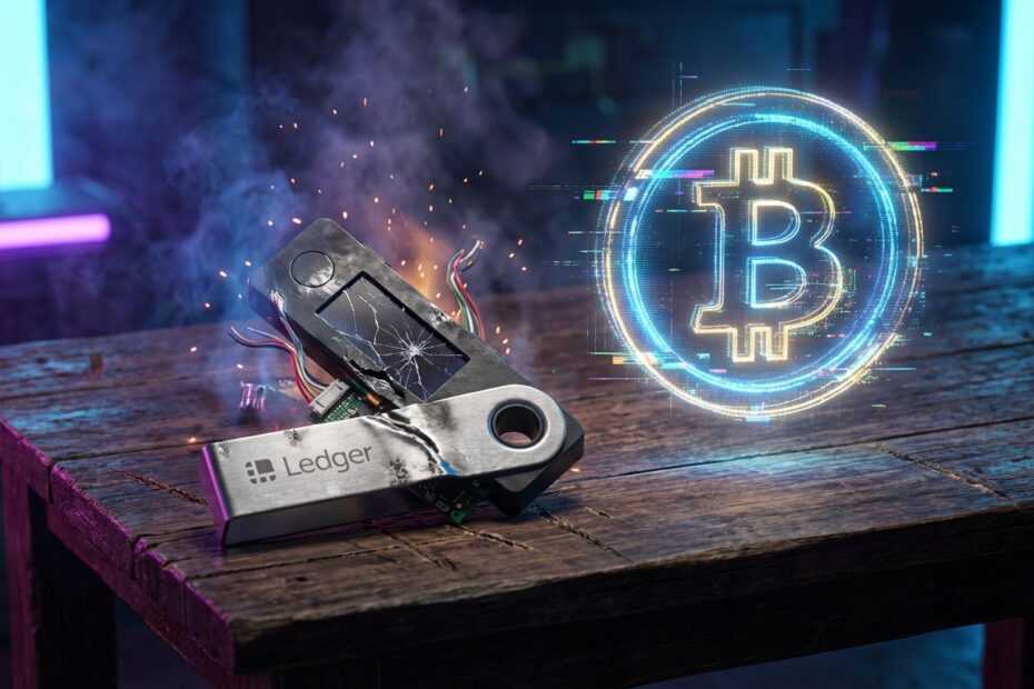 Hardware wallet danificada fisicamente ao lado de um holograma de Bitcoin seguro representando a blockchain