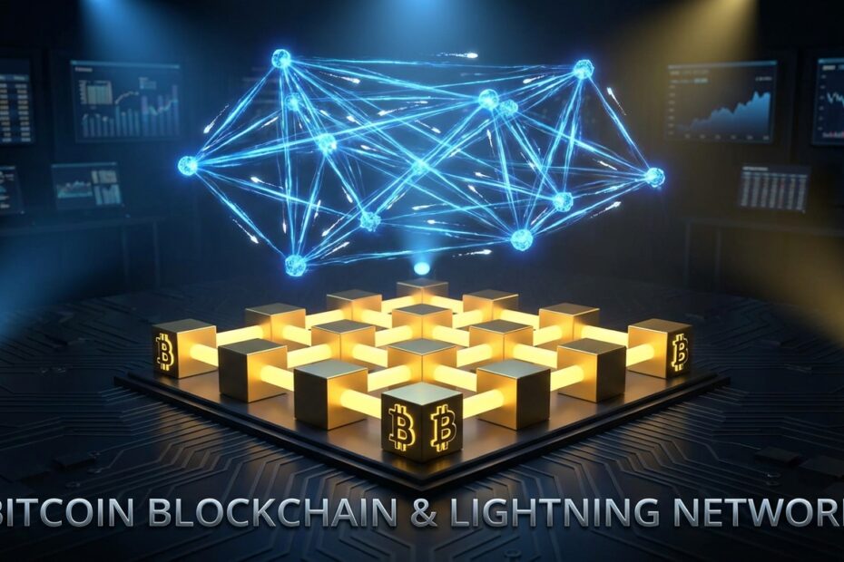 Ilustração 3D da Rede Lightning operando como uma camada rápida sobre a blockchain do Bitcoin