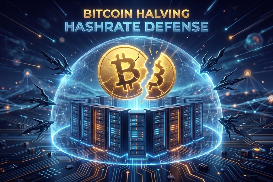 Ilustração digital de um Bitcoin dourado protegendo servidores de mineração durante o evento de halving.
