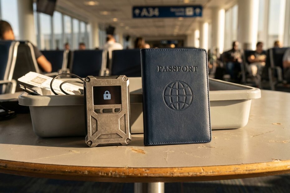 Hardware wallet ao lado de passaporte em cenário de viagem