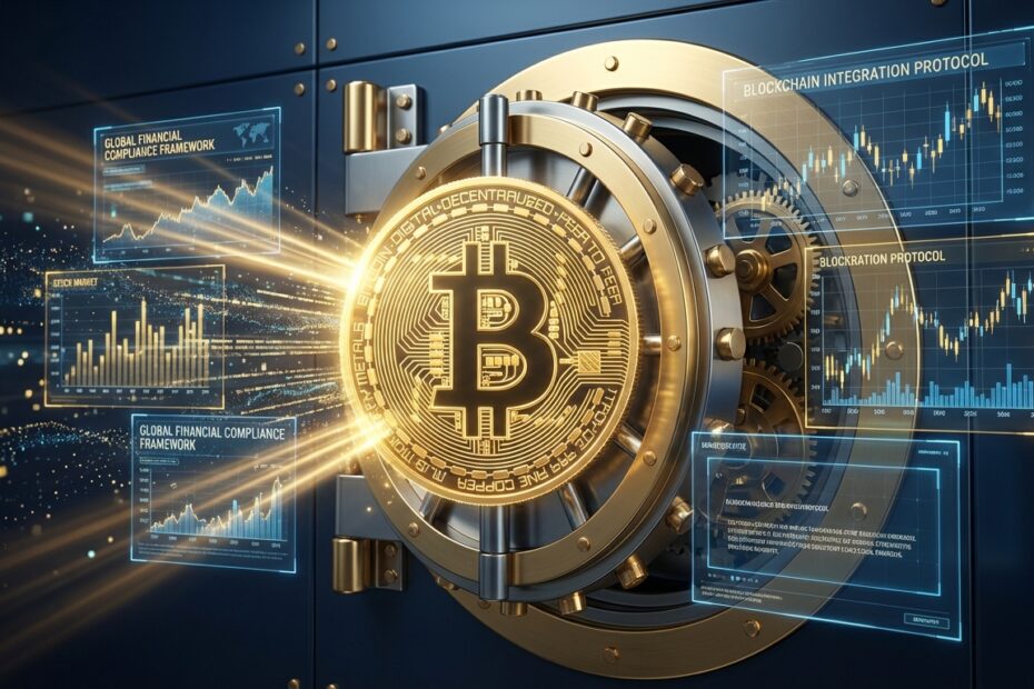 Ilustração representando a integração do Bitcoin ao sistema financeiro tradicional e a regulação governamental em 2026