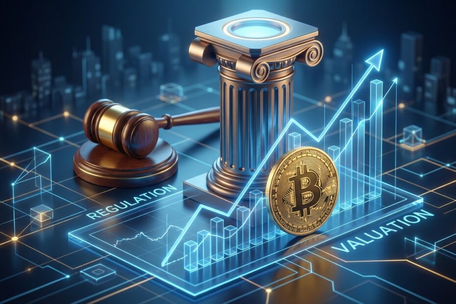 Ilustração 3D de um Bitcoin dourado sobre um gráfico de crescimento apoiado por uma coluna jurídica representando a regulação.