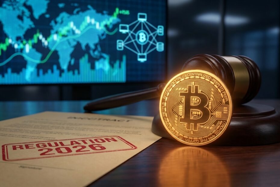 Bitcoin dourado ao lado de um martelo de juiz e documentos regulatórios sobre uma mesa.