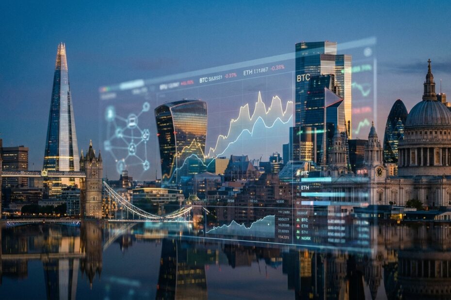 Skyline do distrito financeiro de Londres ao entardecer com sobreposição sutil de dados digitais