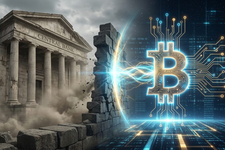 Ilustração comparativa entre a estrutura de um banco central tradicional e o símbolo tecnológico do Bitcoin