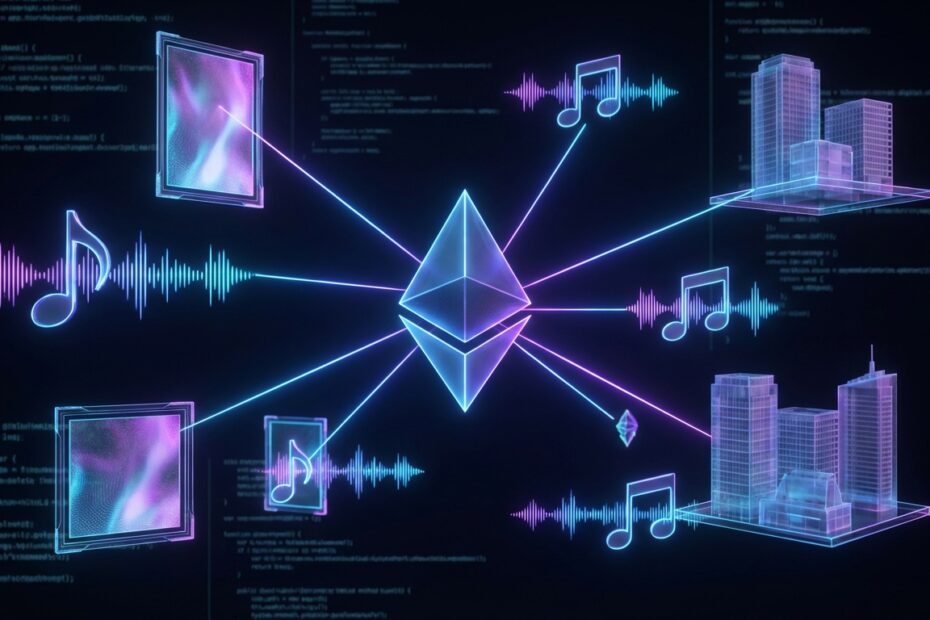 Ilustração 3D da blockchain Ethereum conectada a diversos ativos NFTs como arte e imóveis