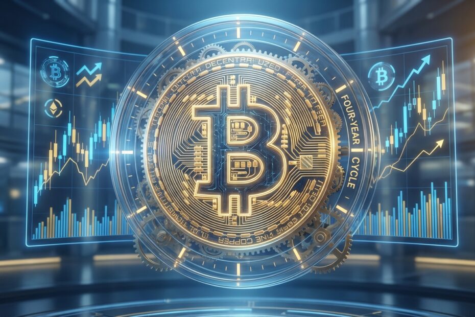 Ilustração 3D de um Bitcoin integrado a um relógio mecânico simbolizando o ciclo de quatro anos.