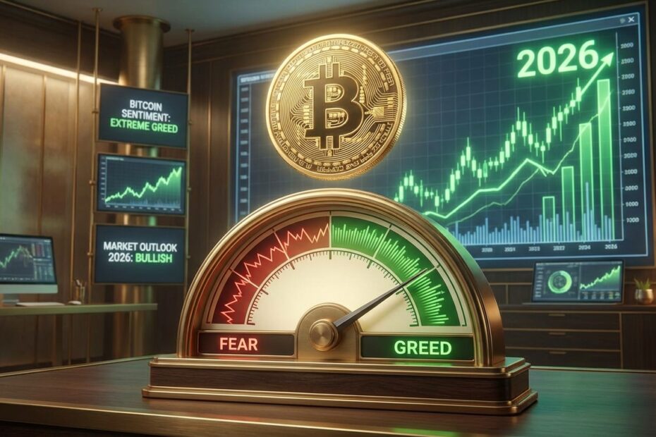 Ilustração de um medidor de sentimento de mercado apontando para ganância com um gráfico de Bitcoin em alta ao fundo.