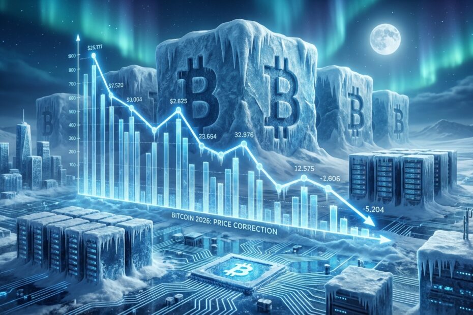 Gráfico de mercado do Bitcoin em tendência de baixa ilustrando o inverno cripto de 2026