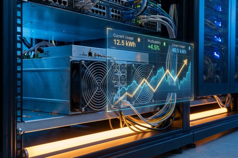 Antminer S19 Pro em operação com gráficos de rentabilidade e consumo de energia