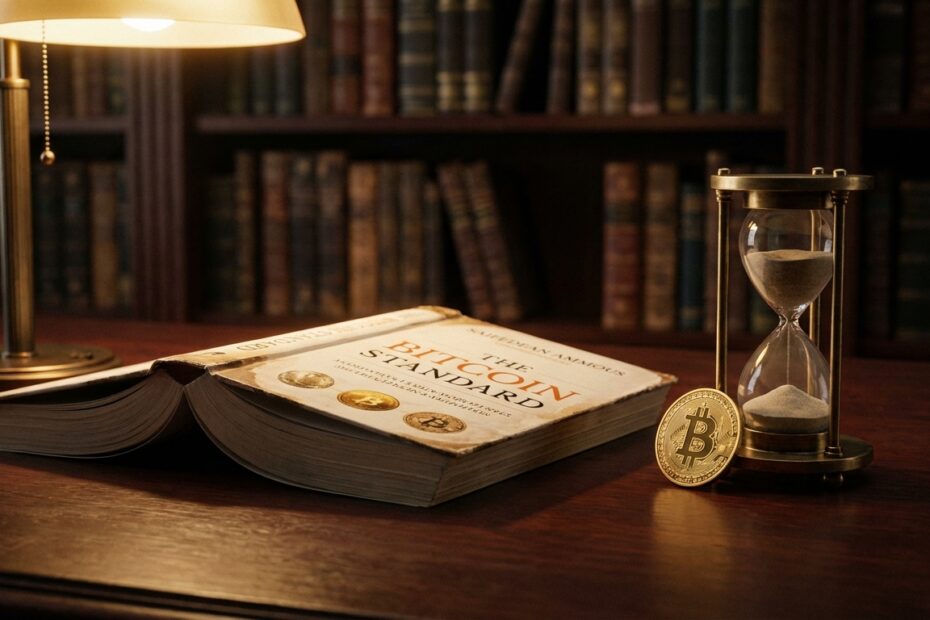 Livro O Padrão Bitcoin sobre mesa de escritório com moeda de ouro e ampulheta simbolizando preferência temporal