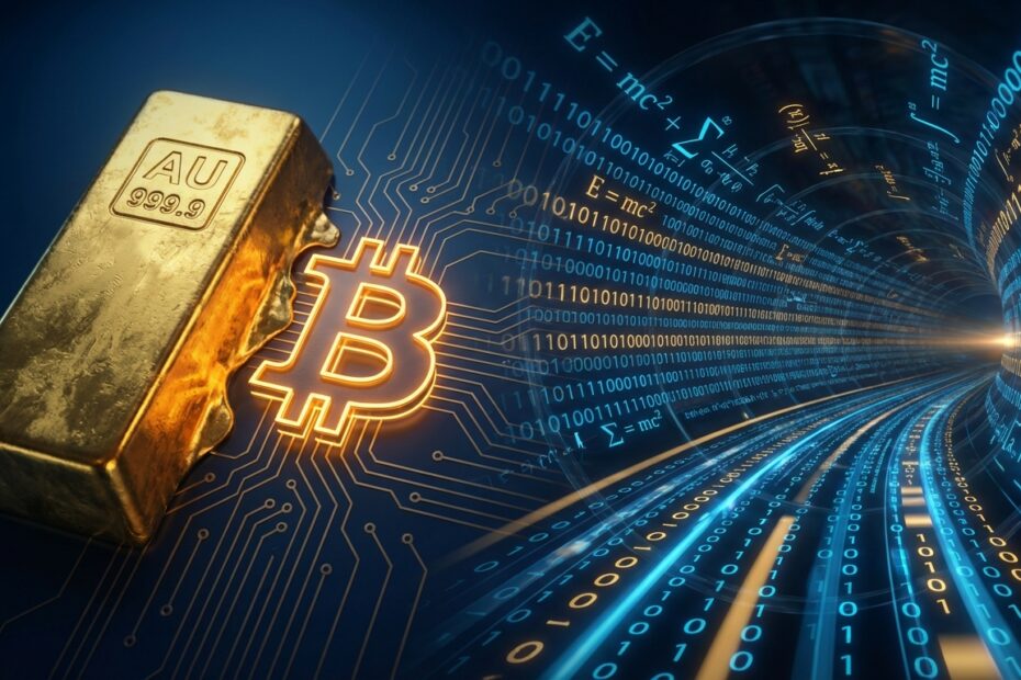 Ilustração conceitual comparando a solidez do Bitcoin como ouro digital com a velocidade de novos ativos matemáticos.
