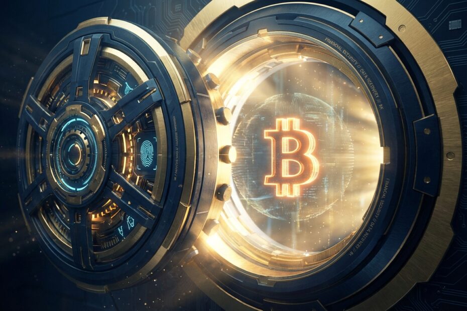 Ilustração 3D de um cofre digital seguro se abrindo para revelar um Bitcoin, simbolizando a recuperação de auto custódia.