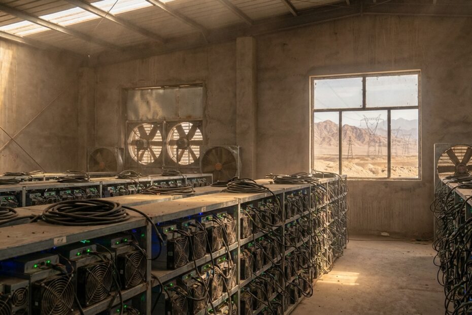 Fileiras de mineradoras de Bitcoin operando em galpão industrial na China.