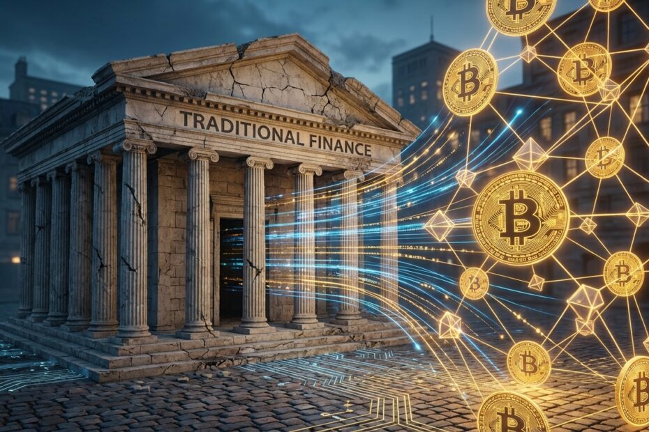 Ilustração 3D mostrando uma rede Bitcoin digital moderna superando um edifício bancário tradicional de pedra com rachaduras