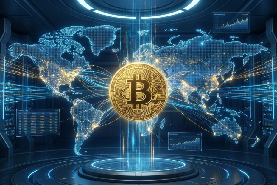 Mapa mundi holográfico conectado por redes digitais com o símbolo do Bitcoin ao centro