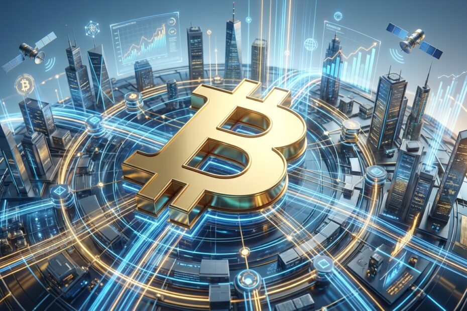 Ilustração do Bitcoin integrado à macroeconomia global com gráficos de tendência de alta