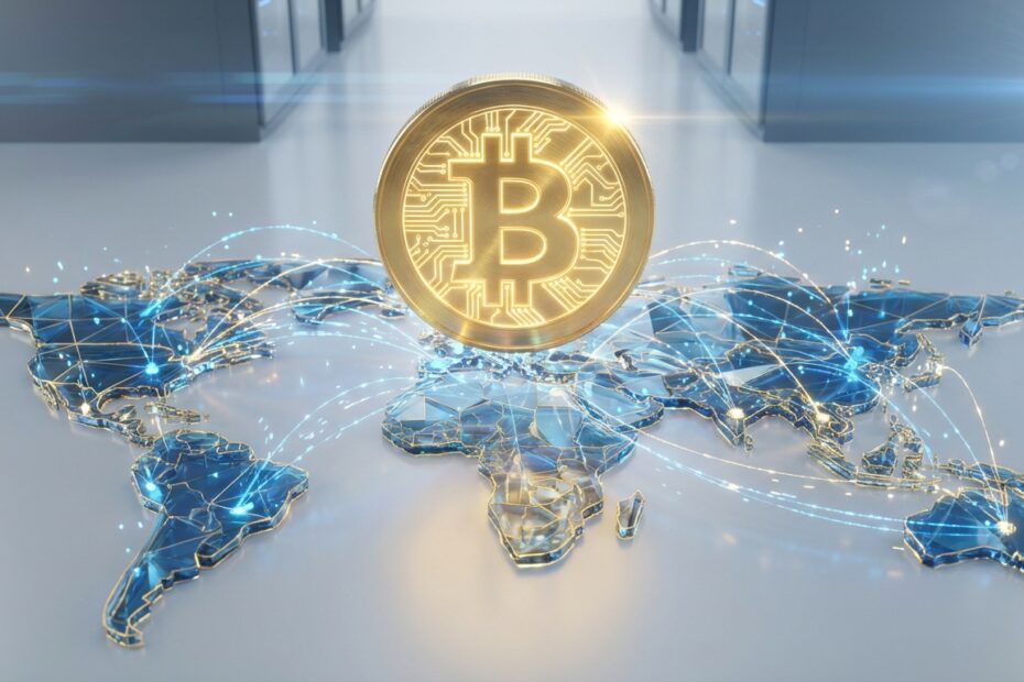 Bitcoin dourado flutuando sobre globo digital conectado por redes blockchain simbolizando a economia global