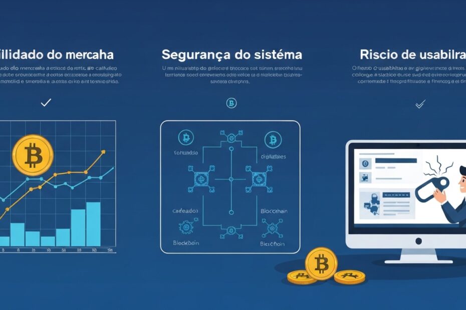 Infográfico digital ilustrando os riscos do Bitcoin: volatilidade, segurança do sistema e usabilidade.