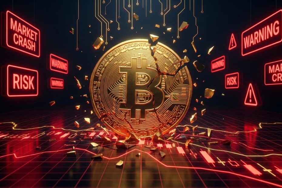 Gráfico financeiro digital em vermelho com Bitcoin em queda representando riscos de investimento