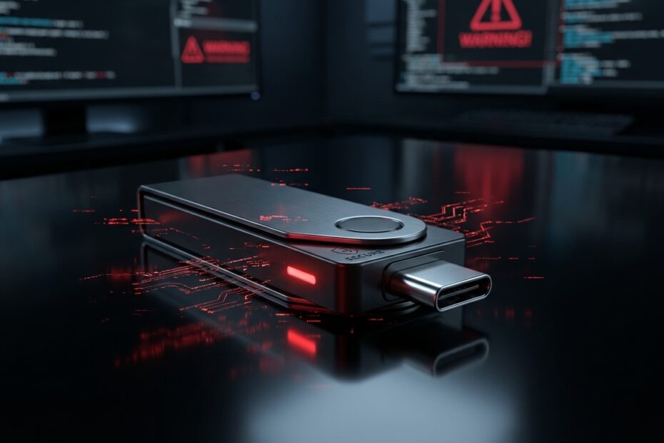 Hard wallet sobre superfície escura com efeitos digitais vermelhos indicando risco de segurança