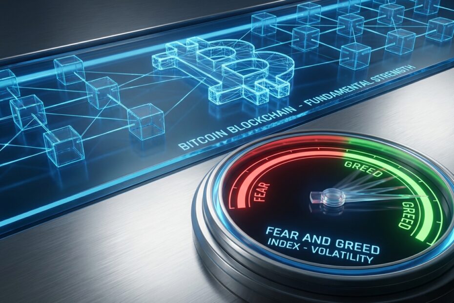 Ilustração de um medidor de índice de medo e ganância do Bitcoin oscilando sobre um fundo de dados de blockchain