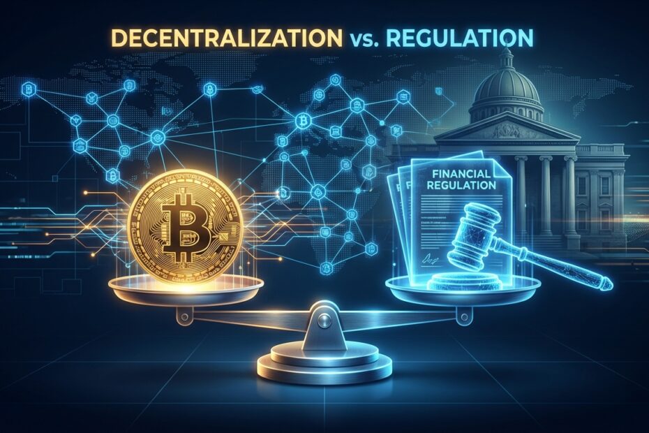 Balança digital equilibrando símbolo do Bitcoin com documentos legais e martelo de juiz representando regulação.