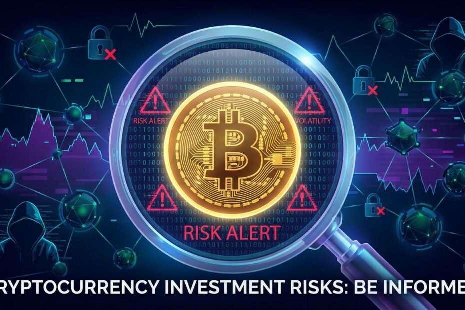 Ilustração de segurança digital analisando riscos e fraudes em criptomoedas