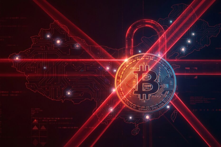 Ilustração digital simbolizando o bloqueio e riscos legais do Bitcoin na China
