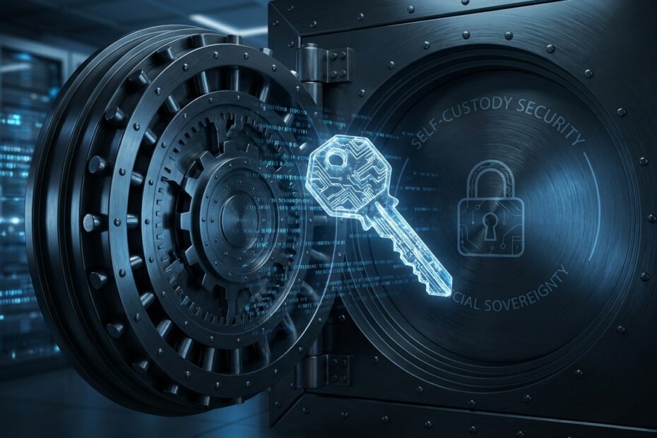 Ilustração 3D de uma chave digital brilhante dentro de um cofre reforçado, simbolizando a segurança das chaves privadas na autocustódia de criptomoedas.