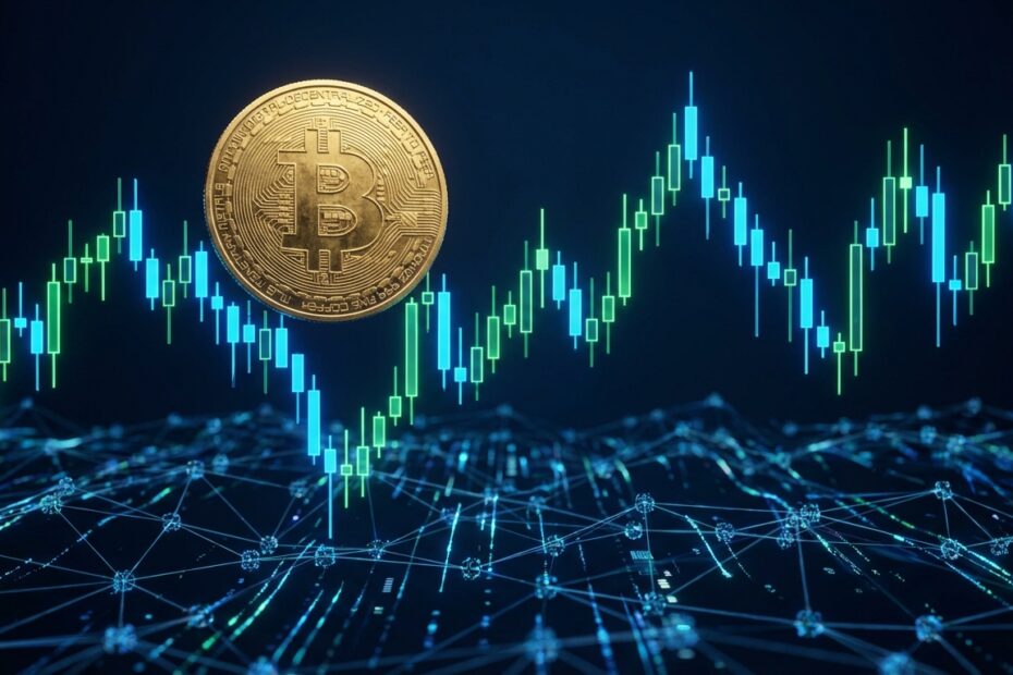 Ilustração 3D de uma moeda Bitcoin sobre um gráfico financeiro volátil em fundo digital azul escuro.