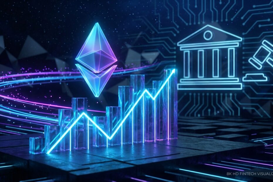 Símbolo do Ethereum sobre gráfico de volatilidade com elementos jurídicos ao fundo
