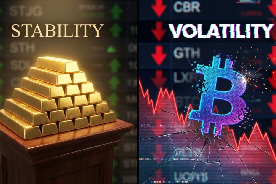 Comparativo visual entre a estabilidade do ouro e a volatilidade do Bitcoin no mercado financeiro