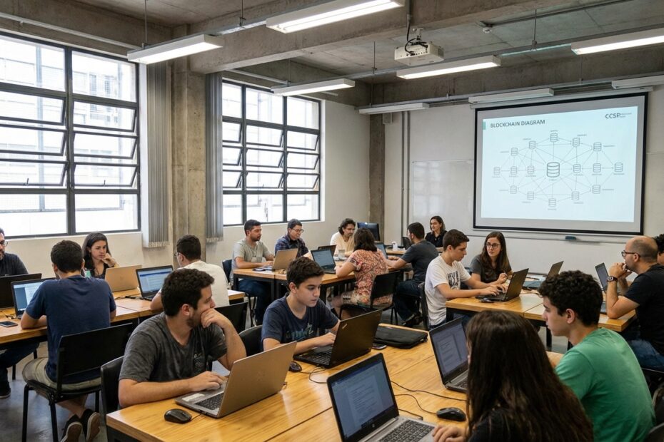 Alunos em sala de aula no Centro Cultural São Paulo durante curso de tecnologia e blockchain