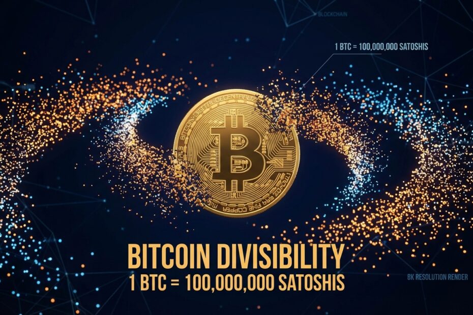 Ilustração 3D de um Bitcoin se dividindo em pequenas frações digitais chamadas satoshis