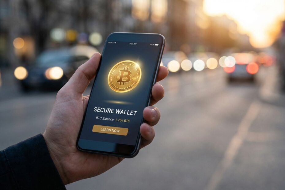 Smartphone exibindo aplicativo de carteira de Bitcoin com interface segura