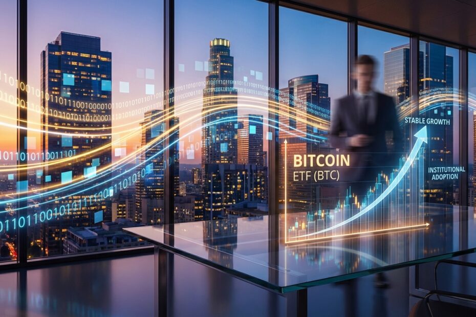 Gráfico holográfico de ETF de bitcoin em escritório corporativo moderno simbolizando segurança institucional