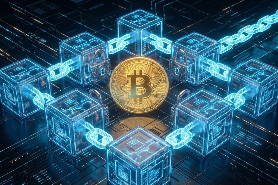 Ilustração 3D de blocos de blockchain interligados protegendo uma moeda Bitcoin digital